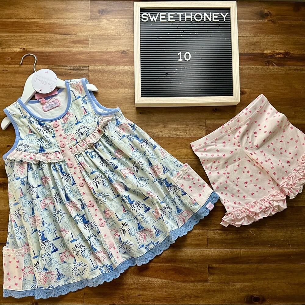 NWT SweetHoney Out To Play Knit Tank Shorts Set Fireworks Show Pink Blue Cotton